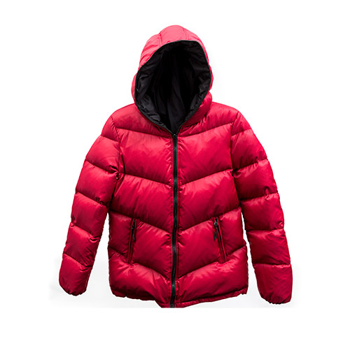 Red down filled winter jacket